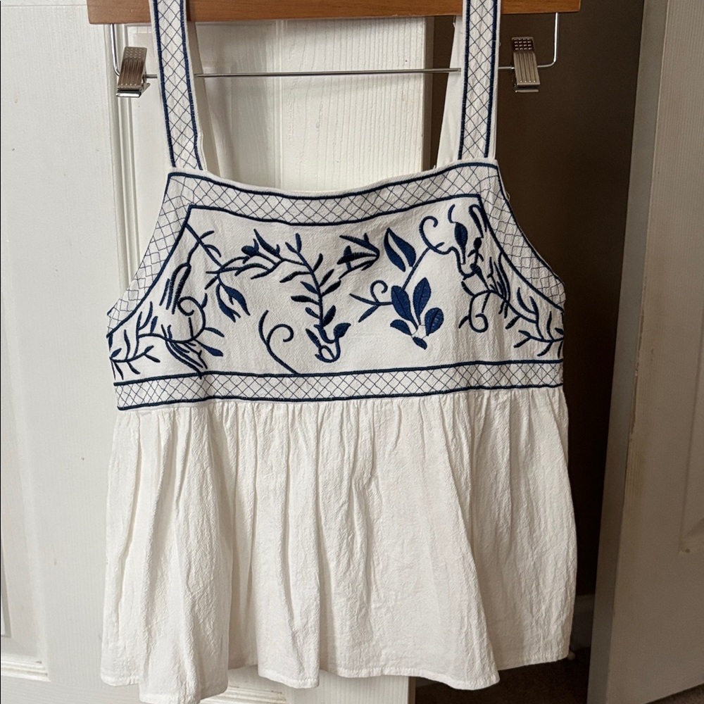 SHEIN White Camisole with Blue Embroidery